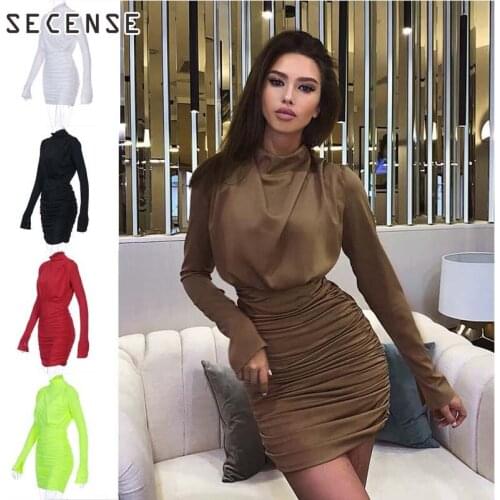 Pleated Bodycon Dress Long Sleeve Solid Color Sexy Mini Dress Half High Collar Spring Summer Party Club Women Outfits SECENSE