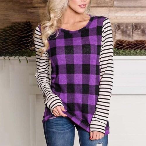 Striped Plaid Printed Long-sleeved O-neck Casual T-shirt Women Loose Street Wear Plus Size Homewear Tops