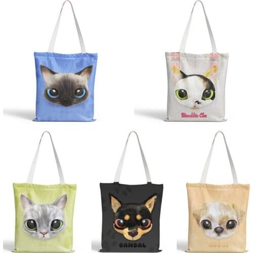 Cartoon Casual Vintage Large-Capacity Fashion Harajuku Cat Dog Women Bags Reusable Canvas Eco Shopper Bag Womens Shoulder Bag
