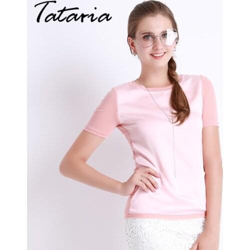 Shirts Women Summer Imitation Silk Blouses Short Sleeve Tops Female Chemise Femme Elegant Clothing For Women Clothes Tataria 089