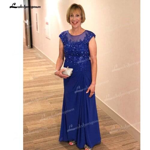 Royal Blue Chiffon Vintage Lace Beading Long A Line O Neck Cap Sleeve Mother Of The Bride Dresses Formal Wedding Party Gowns