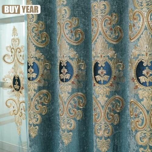 European Style Curtains for Living Room Bedroom Light Luxury Embroidered Chenille Curtain Door Window Drapes Blue Color