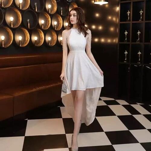 Evening Dresses Short Front Long Back Sequins Lace Party Dress Beaded Women Host Dresses White vestidos de fiesta