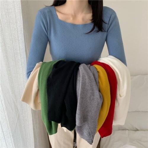 Long Sleeve Autumn Women Pullover Knitted Sweater Square Collar Sweaters Korean Style Winter Slim Pull Knitwear Casual Tops