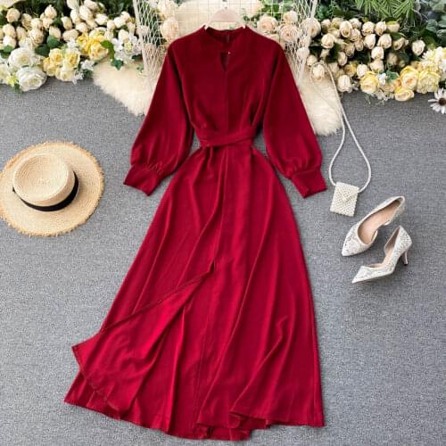 French Elegnat Dress Women Spring Autumn Long Sleeve Slim High Waist Bandage Chiffon Dresses Ladies Vintage A Line Office Dress