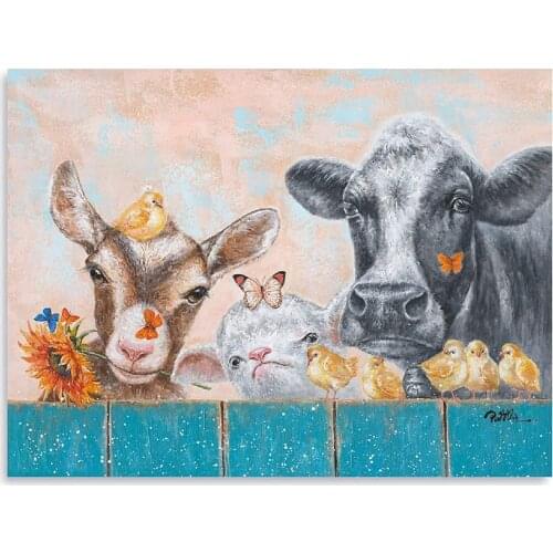 Farmhouse Animal Framed Canvas Wall Art Cow Butterfly Sheep Sunflower Painting Prints Wall Decor for Living Room Bedroom