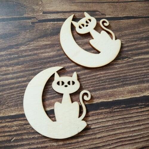 10pcs Laser Cut Unfinished Wooden Cute Cat On The Moon Home Decor Wall Hanging Art Kids Birthday Decorations DIY Craft Scrapbook