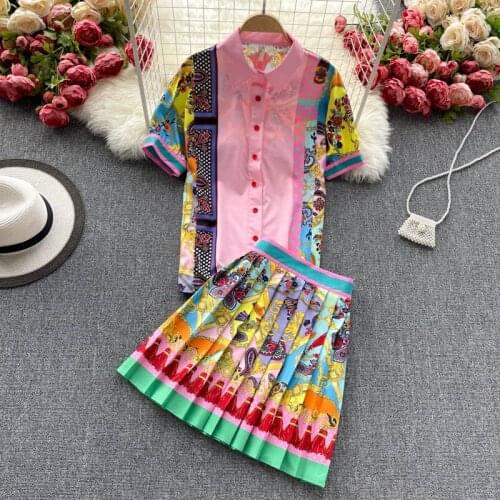 Amolapha Women Plus Size Clothes Set Print Retro Chiffon Short Sleeve Fashion Shirt Tops+Fashion Gorgeous Pleated Skirts Suit