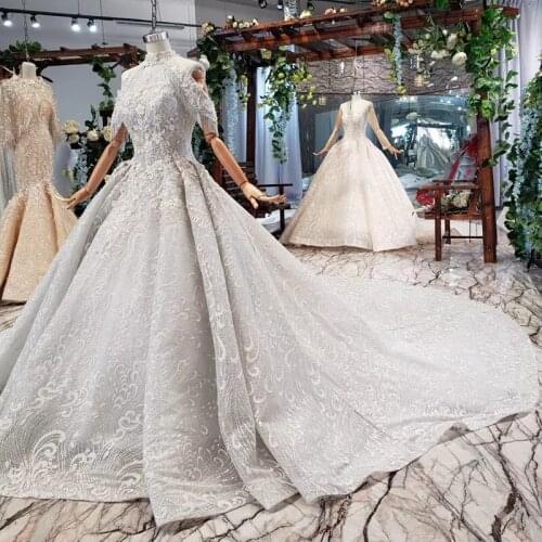 BGW HT41710 Ball Gown Wedding Dress With Train High Collar Appliques Beading Luxury Long Bride Dresses Plus Size Vestiti Da Sera
