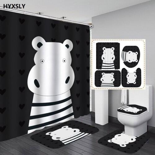 Hippo Zebra Printed 3d Animal Shower Curtain Mat Set Waterproof Polyester Fabric for Bathroom Home Use Decor 180cm Screen Cover