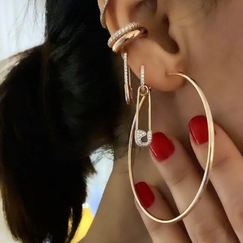 Safety Pin Charm Dangling Earring Two Way Used Fashion Trendy Women CZ Jewelry