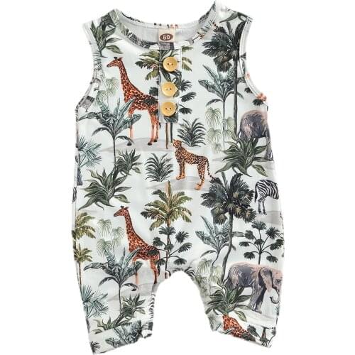 Newborn Baby Sleeveless Romper Casual Animal Tree Print Button Front Round Neck Jumpsuit