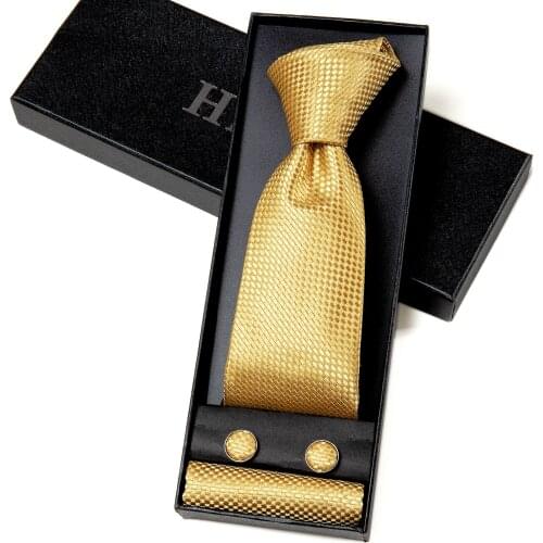 Hi-tie Gold Plaid Business Gift for Men Necktie for Men Classic Luxury Silk Mens Tie Fashion Hanky Cufflinks Set High Quality