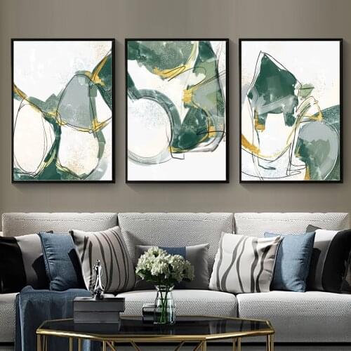 Art Poster Print Nordic Abstract Green Golden Lines Canvas Painting Living Room Bedroom Pictures Wall Art Home Decor Unframed