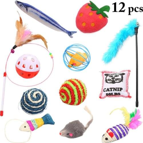 Cat Toy 12Pcs/Set Pet Kit Cat Toy Funny Bell Teaser Catnip Feather Mice Shape Pet Kitten Dog Cat Interactive Play Supplies