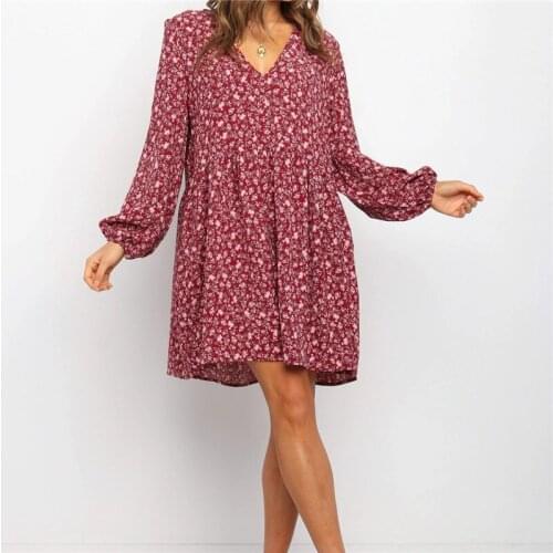 American Womens Short Dresses Spring & Autumn New Sexy V-neck Loose Long-sleeved Floral Printed Dress Young Women LYQ359
