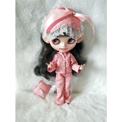 Blythes doll clothes fit the 1/6 size of the fashion new pink and white love suit home wear pyjamas + cute eye mask 2 sets