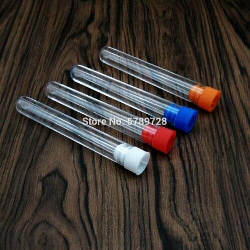 20pcs15*100mm Lab Clear Plastic Test Tube,Round Bottom Tube Vial with plastic color stopper,Office Lab Experiment Supplies