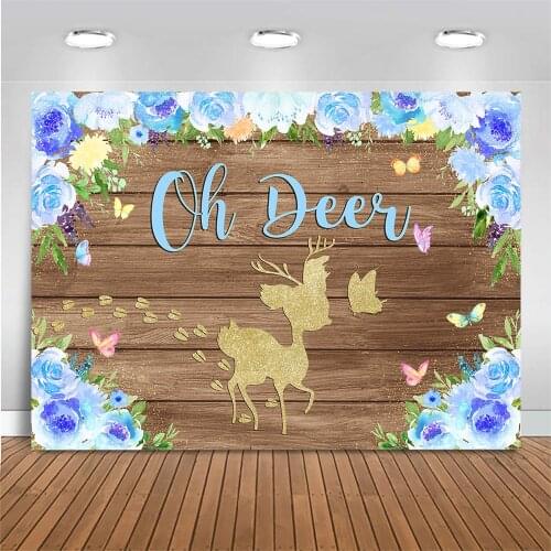 Mocsicka Oh Deer Newborn Baby Shower Backdrop for Photography Golden Deer Wood Photo Background Photo Studio Blue Pink Flowers