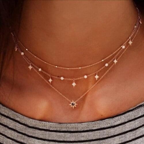 Boho Multilayer Chain Necklaces For Women Fashion Crystal Square Star Necklace Vintage Multi-element Pendant Necklace Jewelry