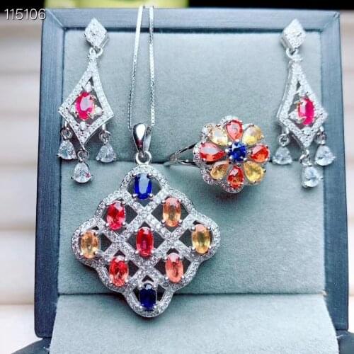 Luxury Natural And Real Sapphire Set 925 Sterling Silver 1pc Sapphire Ring,2pcs Sapphire Earring,1pc Sapphire Pendant