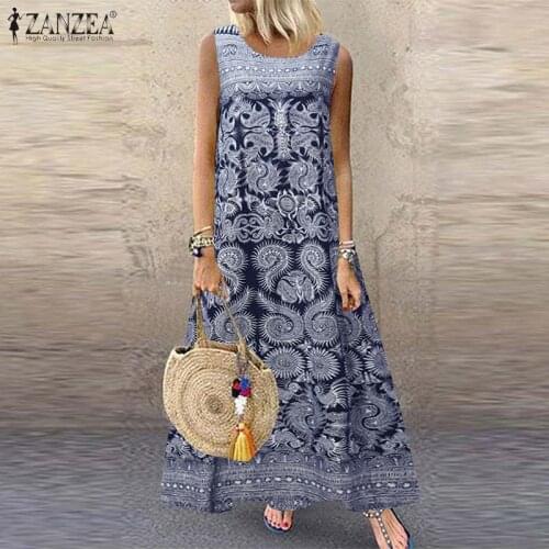 Women Sleeveless Cotton Linen Sundress ZANZEA Summer Floral Printed Dress Loose Casual Party Vestido Kaftan Sarafans