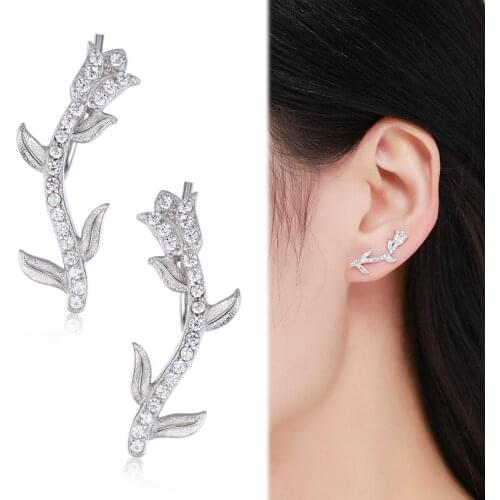925 Sterling Silver Rose Flower CZ Ear Climber Stud Earrings For Women Girls Jewelry Orecchini Aros Aretes Ear Jacket Oorbellen
