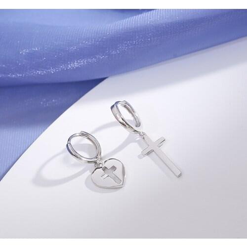Hoop Earrings Heart Cross For Women Asymmetrical Pendant Vintage Korean Fashion Couple Gift Temperament Female Jewelry BOYULIGE