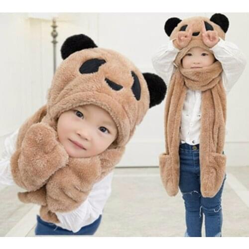 2020 New Children panda design scarf hat glove 3-piece compatible integrated ear protection student thick winter autumn neckwear