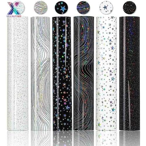 XFX HTV 12"x10"in Cricut Vinyl 6 Pcs Black and White Holographic Star Pattern HTV Vinyl Heat Transfer PU Heat for T-Shirts DIY