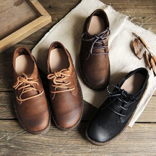 Vintage Oxford Shoes For Women Genuine Leather Flat Heel Shoes British Style College Student Casual Lace Up chaussures Femme