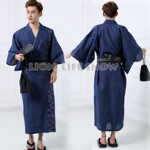 Japanese Men Samurai Yukata Kimono Hot Spring Winter Pajamas Sleepwear Bathrobe Costume without obi
