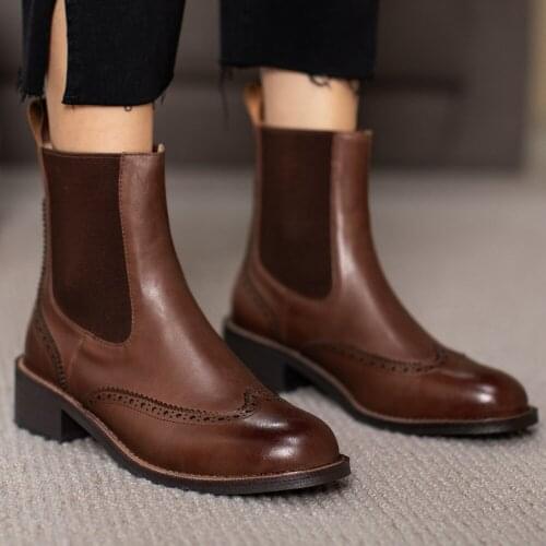 Womens genuine leather elastic fabric patchwork slip-on thick med heel autumn chelsea boots round toe carving retro ankle shoes