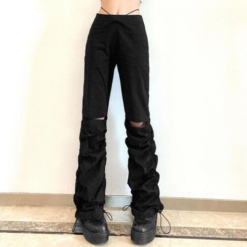 Women Pants High Waist Loose Trousers Black Stacked Pleated Hollow Trousers for Daily Wear
