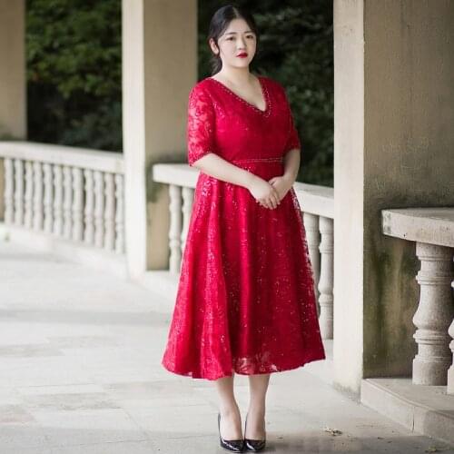 Women Formal Prom Dresses Plus Size A-Line Beading Tea-Length Burgundy Three Quarter V-neck Lace Up Sequined Party Dress D057