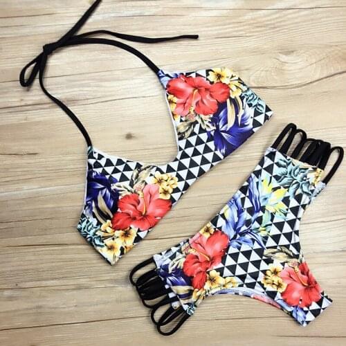 Women High Waist Bikini New Black Printed Bathing Suit Floral Beachwear Plaid Swimsuit Vintage Swimwear Flower Monokini Trikini