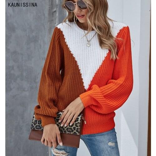 New Autumn Winter Women Sweaters Pullovers Loose Contrast Color Long Sleeve Knitting Tops Female Casual Vintage Knitwear Outfits