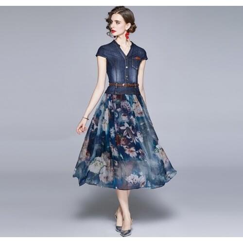 2021 summer Denim Dress Womens Casual Chiffon Patchwork Floral Print Female Fake two-piece dress With Belt