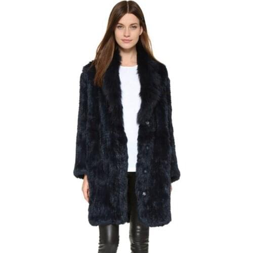 Lady Real Knitted Rabbit Fur Coat Jacket Raccoon Fur Collar Autumn Winter Women Fur Trench Outerwear Coats Clothing VF7005