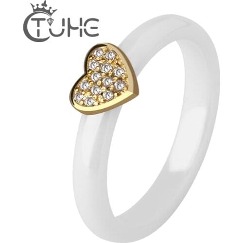 3mm Gold Heart Rings for Women Gift Bling Crystal Fashion Temperament Healthy Hypoallergenic Ceramic Ring Jewelry Christmas Gift