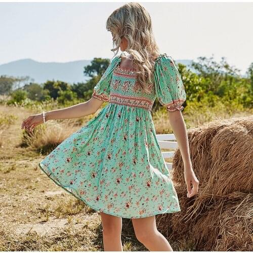 2021 Sweet Summer Green Floral Print Women Holiday Dress Square Collar Short Sleeve Female Big Swing Mini Party Dresses Vestidos