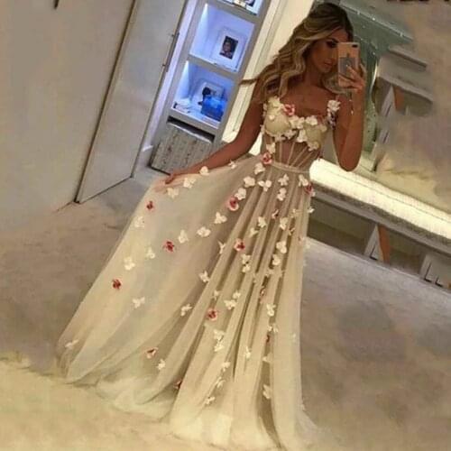 2021Flowers Long Prom Dresses Spaghetti Strap Tulle Women Evening Gowns Open Back Princess Formal Dress robes de soirée