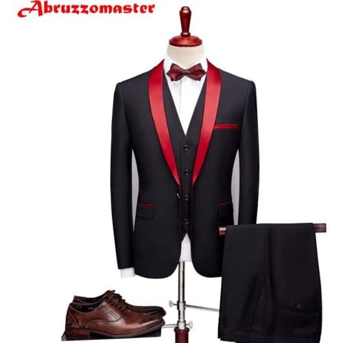 Abruzzomaster Formal Wedding Suits For Men Tuxedos Red Lapel Groomsman Suit Custom Made Man Suit Jacket+pants+vest