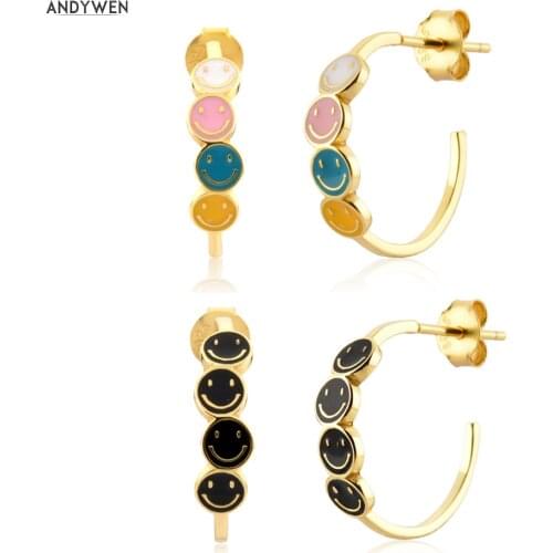 ANDYWEN 925 Sterling Silver Gold Smile Happy Hoops Earring Smiley Face Enamel Rainbow Colorful Piercing Huggies Women Earring