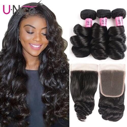 UNICE Hair Brazilian Loose Wave Remy Hair 3 Bundles With Closure 4PCS Human Hair Bundles With Closure Remy Hair Extension