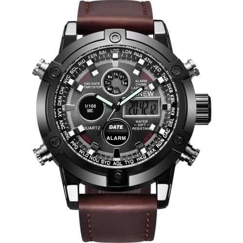 Hot Luxury Brand XINEW Watch Chronograph Digital Watches Men Leather Big Dual Time Waterproof Watch Relojes Lujo Marcas Men 3022