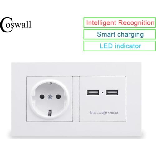 COSWALL 146 Type Wall Socket 16A EU Standard Power Outlet With Dual USB Smart Charger Port For Mobile 5V 2100mA Output PC Panel