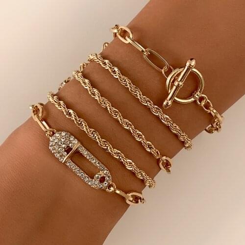 IngeSight.Z 5Pcs/Set Twisted Metal Rope Chain Bracelets Bangles Multi Layered Rhinestones Crystal Toggle Lasso Bracelets Jewelry