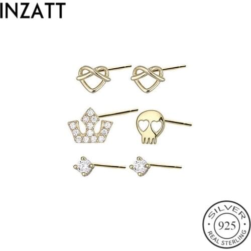 INZATT Real 925 Sterling Silverl Zircon Asymmetry Stud Earrings For Fashion Woman Cute Fine Jewelry MInimalist Accessories Gift
