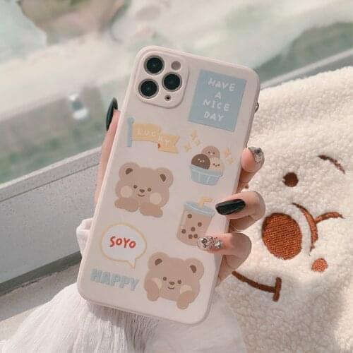 Korean Solid Milk Tea Bear Phone Case For iPhone 12 Mini 11 Pro Max XR Xs Max X 7 8 Puls Coque Soft Silicone Cover Cases Fundas